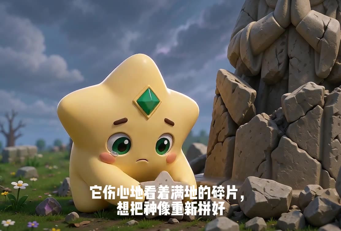 A sad star character holding a fragment beside a broken statue in a Heart Isle story film