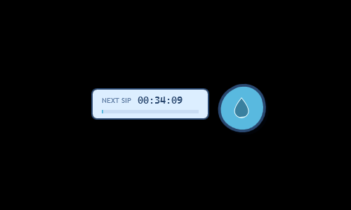 Gulp-Glub showing a next-sip timer beside a blue water-drop control